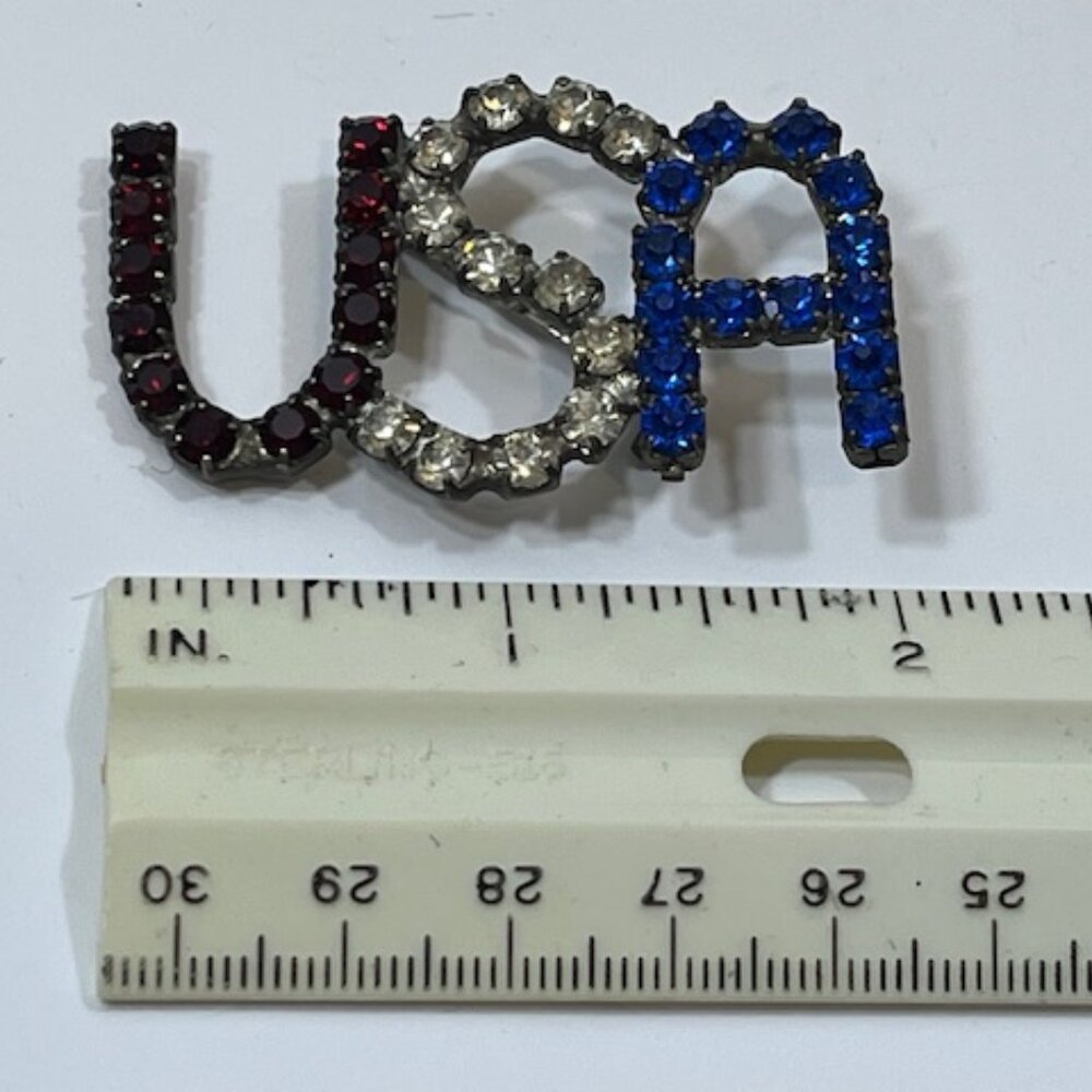 VTG USA Patriotic Brooch Red Clear Blue Prong Set Rhinestones Hat Vest Pin 2"x1" - Picture 9 of 11
